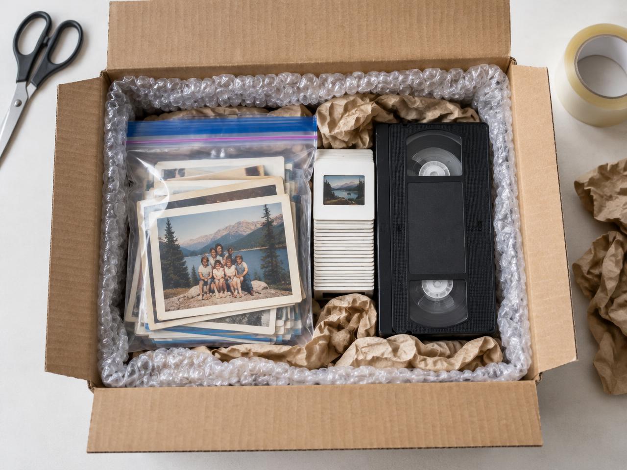 Illustrative packing arrangement with photos in a waterproof bag, slides and a tape surrounded by cushioning